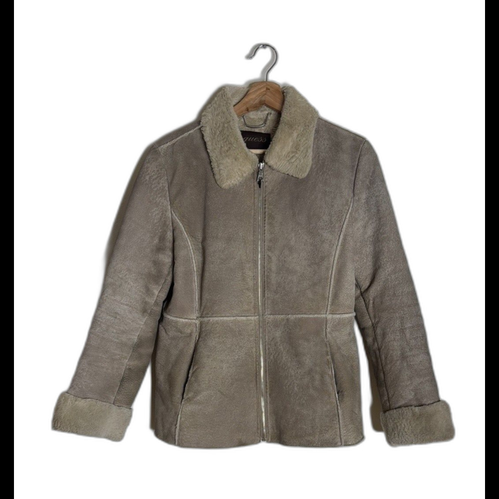 Guess Shearling Jacket Womens Medium Tan Faux Fur Lined Suede leather‎ coat y2k